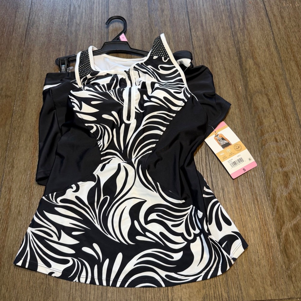 ZeroXposur Womens Black White Swirl Zip Front Tankini Swim Set Small NEW